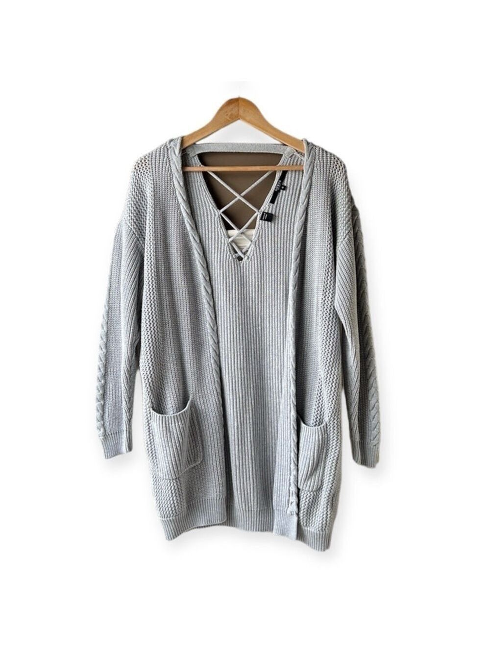 GUESS Grey Cable Knit Open Front Cardigan Size Medium